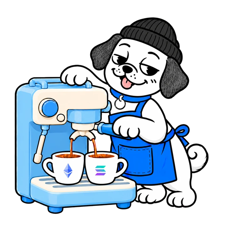 Soorudeal's puppy barista brewing two coffees, one in an Ethereum cup and one in a Solana cup