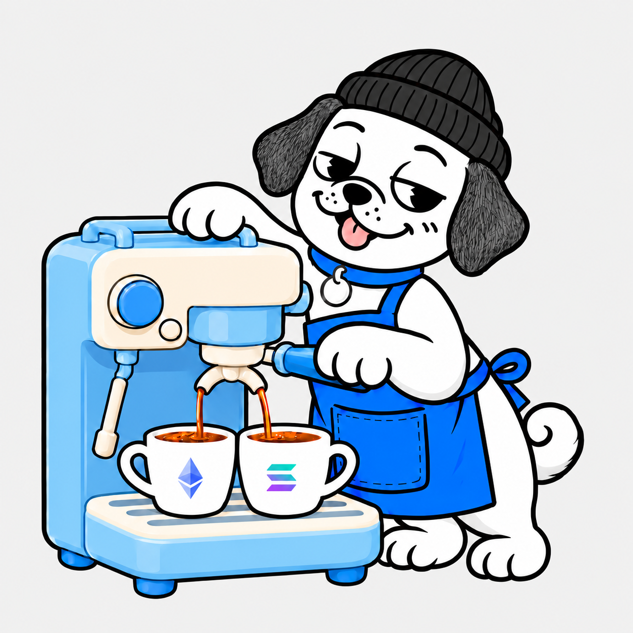 Soorudeal's puppy barista brewing two coffees, one in an Ethereum cup and one in a Solana cup