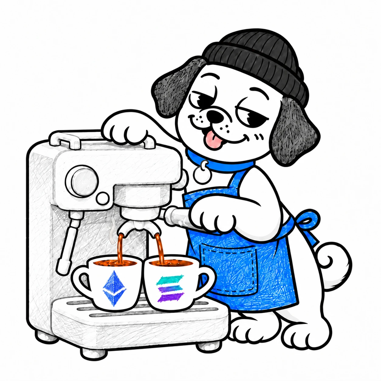Soorudeal's puppy barista brewing two coffees, one in an Ethereum cup and one in a Solana cup